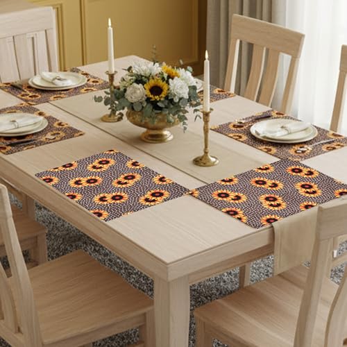 Image of Dining Table Mats Set of 6 with 135 cm Runner - Sunflower Animal Print Theme,Digital Print, Washable, Indoor /Outdoor, Heat-Proof, Wipe & Clean (47X33 cm) Yellow & Brown