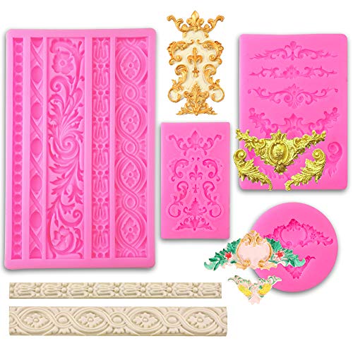 4Pcs Pink Baroque Silicone Fondant Molds Filigree Mold 3D Sculpted Flower Cake Molds for Decorating Candy Polymer Clay Sugar Craft