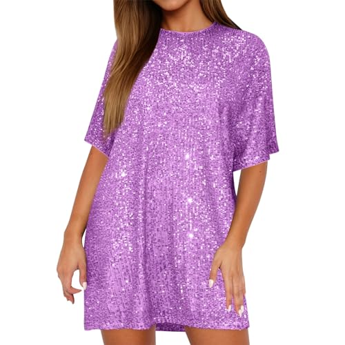 Women's Metallic Dress Loose Short Sleeve Crewneck Party Top T-Shirt Dress (Sequins-Dark Purple, S)