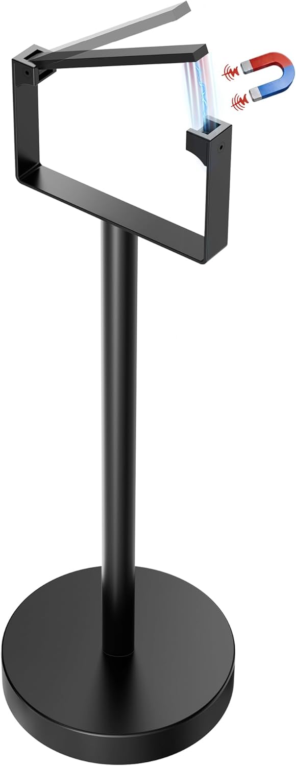 RUACQ Toilet Paper Holder Stand, Magnetic Closure Toilet Paper Stand with Lift-Up Rotating Arm, SUS304 Stainless Steel Bathroom Toilet Paper Holder Free Standing, Weighted Base (Matte Black)