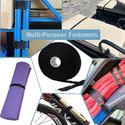 Image of 1 inch x 16ft Nylon Hook and Loop Straps with 25 Metal Buckles。Reusable Adjustable Strips Freely Cut-to-Length Straps for Organizer or Storage Straps Black