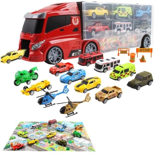 BAKAJI Camión Bisarca para puerta de coche con rampa de tobogán, 6 máquinas incluidas, mapa de ciudad y accesorios, juguete para niños portátil