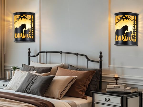 Image of Rustic Horse Wall Sconces, 2-Light E12 Farmhouse Black Metal Lamp | Rustic farmhouse style, Horse lamp,Modern Black Lighting for Bedroom, Living Room, Hallway, Stairway, Porch, Cabin
