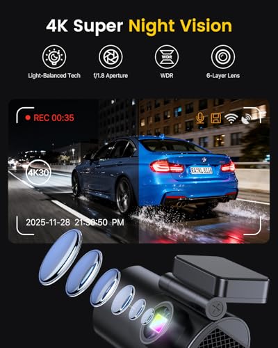 Image of GKU Dash Cam Front and Rear Camera - 4K+1080P Dual Dash Camera for Cars with 64GB SD Card, 5GHz WiFi & App Control, Night Vision, Parking Mode, G-Sensor, Loop Recording, WDR, 170 Wide Angle (D600-IN)