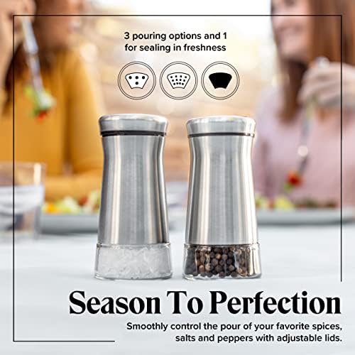 Willow & Everett Salt & Pepper Shaker - Set of Two Premium Stainless Steel Shakers w/ Adjustable Pour Holes - Dispensers w/ Lids for Spices, Sea & Kosher Salts