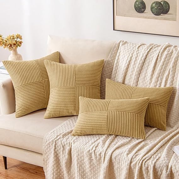 Image of Guffaw Corduroy Pillow Covers Boho Decorative Spliced Throw Pillow Covers Soft Solid Couch Pillowcases Cross Patchwork Cushion Covers for Living Room Bed Sofa 16x16 inch (3, Light Brown)
