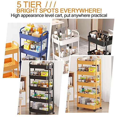 5-Tier Rolling Cart, With 360° Rolling Lockable Wheels And Handle, Multipurpose Utility Cart, Multifunctional Detachable Utility Storage Cart For Kitchen Living Room Office-Black #TOP5