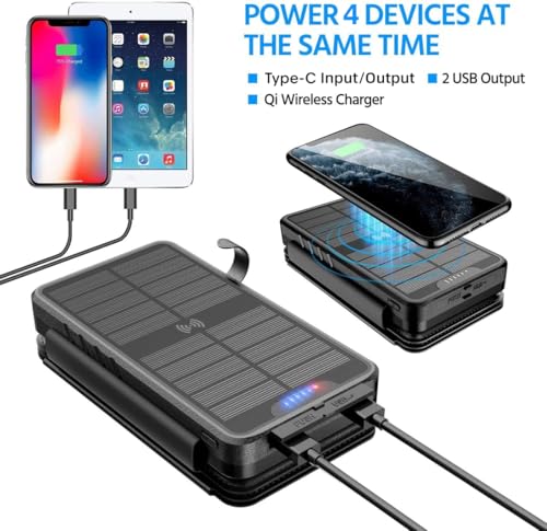 Solar Charger Power Bank - 38800mAh with Dual 5V3.1A Outputs 10W Qi Wireless Charger Waterproof Built-in 4 Solar Panel and Bright Flashlights (Deep Black) by QiSa - Image 3