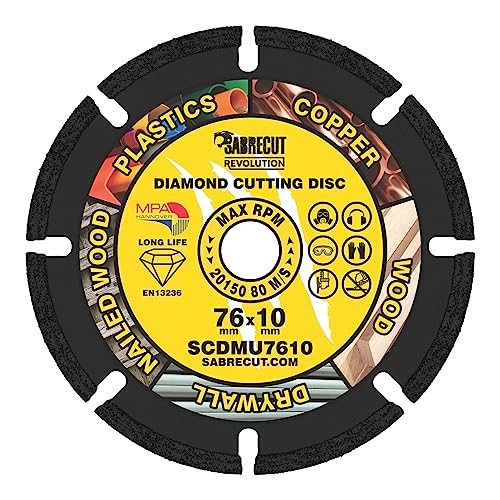 1 x SabreCut SCDMU7610 76mm (3") x 10mm Bore Vacuum Brazed Multi Material Cutting Angle Grinder Circular Saw Diamond Disc Blade Compatible with Bosch Dewalt Makita Milwaukee and Many Others