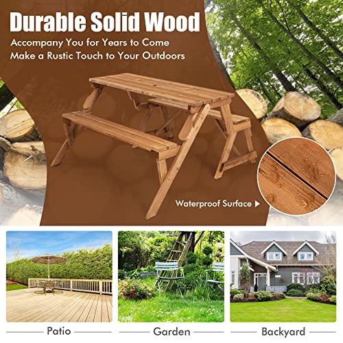 Giantex Wooden Picnic Table Set, 2 In-1 Folding Picnic Bench Set Transforming Interchangeable, Outdoor Patio Dining Table With Built-In Umbrella Hole, Convertible Picnic Table And Garden Bench #TOP6