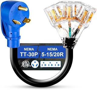 30 Amp to 110V RV Distribution Adapter, NEMA TT-30P Male to 3X5-15/20R Female Generator Adapter Cord with LED Power Indicator, 3-Prong to RV Camper Generator Household Outlet, 12inch