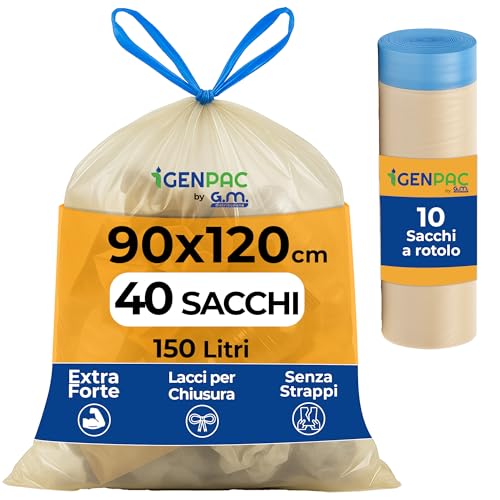 40 Sacchi Spazzatura Grandi Trasparenti 90x120 cm, Extra Resistenti da 150 Litri, Con comode maniglie di chiusura e Fondo Antigoccia, 100% Riciclabili, Made in Italy, Raccolta Differenziata