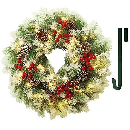 Juegoal 16 Inch Pre-Lit Christmas Wreath With Metal Hanger, Light Up Mountain Fir Pine Needle Wreath With Warm White 40 Led Lights, Indoor/Outdoor, Front Door Spruce Lighted Wreath X-Max Decorations #TOP6