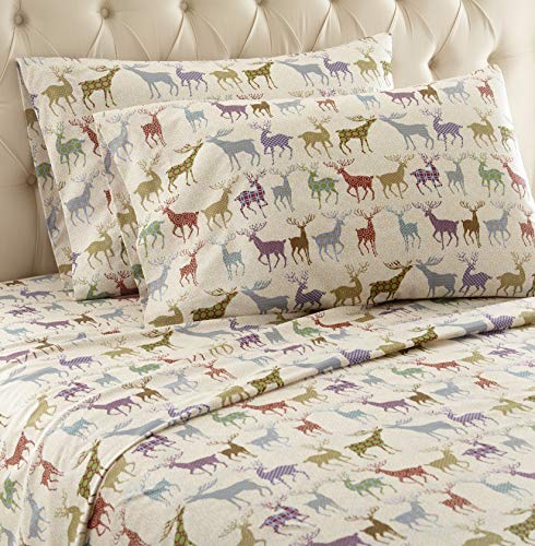 Thermee Micro Flannel Full-Size Sheet Set, Machine Wash & Dry, No Pilling, 16" Deep Pocket, 2 Pillowcases, Reindeer Fantasy #TOP1
