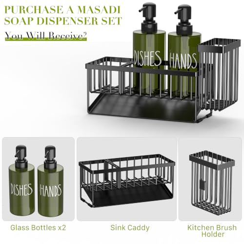 Image of MASADI Kitchen Dish Soap Dispenser Set with Sponge Holder, 12OZ Glass Bottle, Hand and Dish Soap Dispenser Set, Non-Slip Silicone Pad, Brush Holder, Kitchen Sink Organizer Countertop (Black+Green)