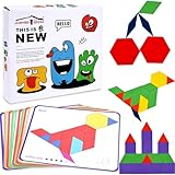 LovesTown Wooden Pattern Blocks Set for Kids, Geometric Shapes with Learning Cards, 150 PCS Educational Puzzle Toy