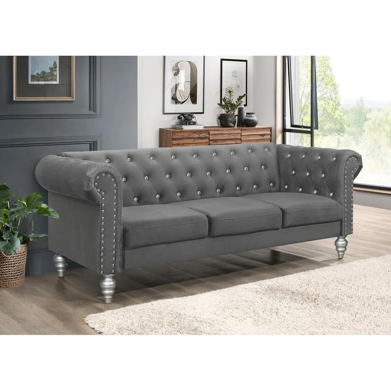 Image of Jabarion Classic Tuxedo Design Sofa | Loveseat with Armrest, Removable Cushions and Wood Legs - Grey Living Room Sofa