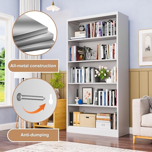 Image of Large Vinyl Record Storage Cabinet, Heavy-Duty Metal Record Player Stand with Adjustable Shelves, 66 inch H Media Shelf Organizer for LP Albums, Turntable & Audio Equipment, White