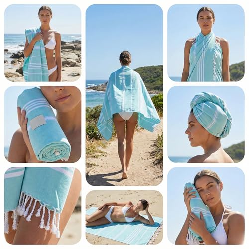 9Threads Cotton Turkish Beach Towel with Towels Oversized 36"x72" Pool Absorbent Extra Large Quick Dry Sand Travel Towel (Aqua Satin, 4 Pack) by 9Threads - Used condition - Image 2