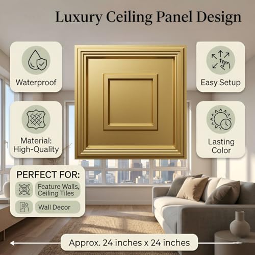 Image of Kayra Decor PVC Ceiling Panel 60x60 cm|Square Panel| Champagne Gold|25 Tiles Cover 100 Sq Ft| Modern False Ceiling|Royal & Elegant Finish