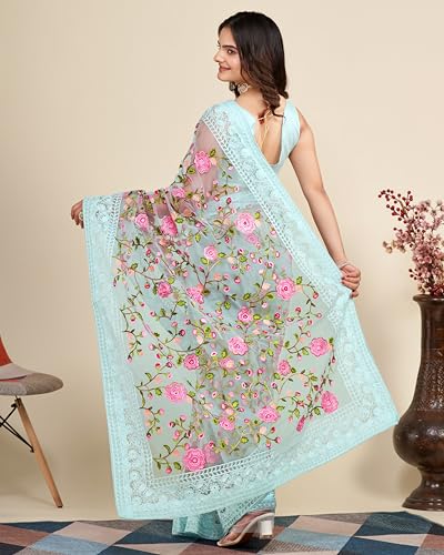 Image of VAIRAGEE Women's Beautiful Soft Net Embroidery Saree With Unstitched Blouse 6079