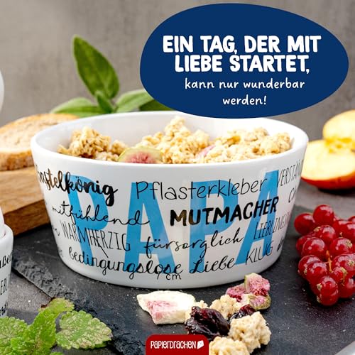 Papierdrachen Müslischale Porzellan - Papa - Mutmacher & Held Design Blau - Weiß Schwarz - 15 cm - Geschenk Vatertag - Innendruck Ich hab dich lieb