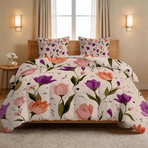 Edredón rústico pastoral, 240 x 260 cm, tulipán, hojas, primavera, estampado 3D, 4 estaciones, edredón, transpirable, suave, lavable a máquina, con 2 fundas de almohada de 65 x 65 cm