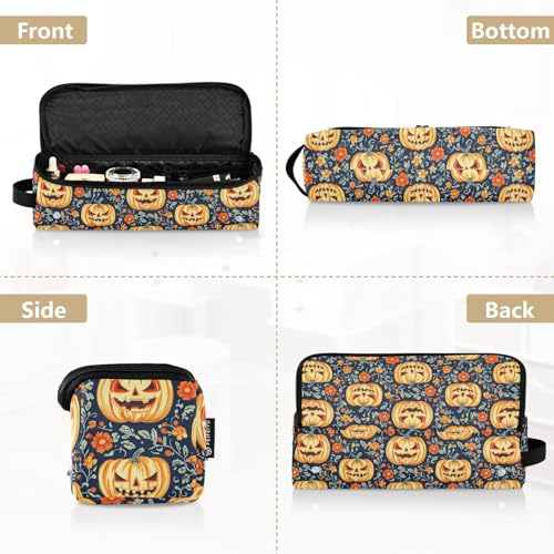 Bolsa de viaje y tapete resistente al calor para herramientas de cabello como planchas y rizadores, diseño cute Jack-o'-Lantern y mármol, portátil y organizador miniatura 5