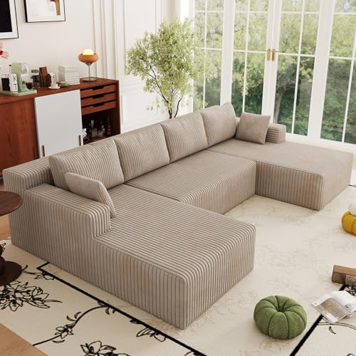 Image of 124 inch Cloud Sectional Couch,Modern U-Shaped Boneless Couch with Deep Seat,Comfy Corduroy Sofa,Memory Foam Sofa for Living Room,No Assembly Required (Camel)