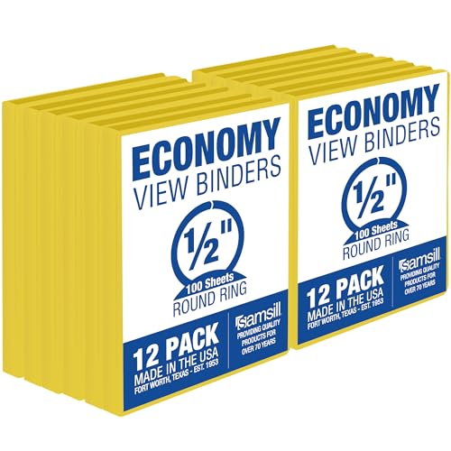 Samsill 0.5 Inch 3 Ring Binders, Made in USA, Economy Round Ring, Clear View Cover, 100 Sheet Capacity - for School, Home, Office - Yellow, 12 Pack