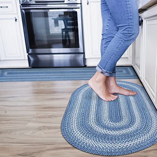Homespice Denim Blue Braided Rug 20x30 - Small Oval Rug for Country Blue Kitchen Decor, Durable, Reversible, Flat, and Easy to Maintain
