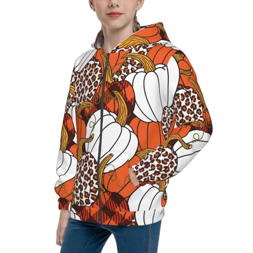 Various Pumpkins Leopard Orange White Kid Hoodies Boys Zip Up Sweatshirts Girls Pullover with Pocket