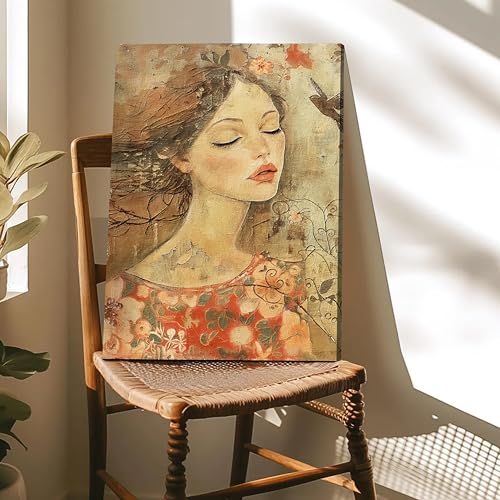 Image of PAINTINGMANTRA Abstract Dreamlike of Women and Nature in Orange, Red, and Brown | Digital Painting On Canvas Stretched on Wood | Suitable for Living Room, Bedroom, Office Decor (16x22 Inch)