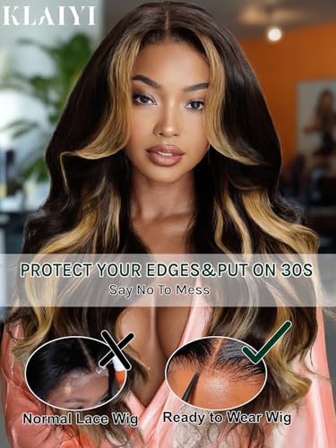 Image of KLAIYI Ombre Highlight Blonde Loose Body Wave Bye Bye Knots Glueless Wigs Human Hair 7x5 Precut Lace Front Pre Plucked Bleached Ready to Wear Go Wig with Face Framing Curtain Bang Caramel Brown 16Inch