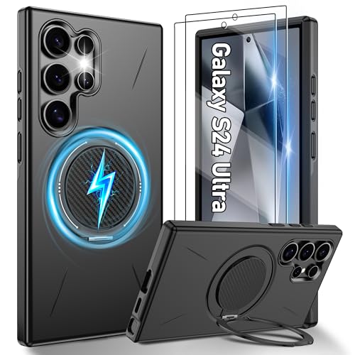 Gritup für Samsung Galaxy S24 Ultra Hülle für Magsafe mit 2 Stück HD-Bildschirmschutz eingebauter Kickstand Dual Layer Stoßdicht Kamera Guard Schutz in Militärqualität for S24 Ultra Case-Schwarz