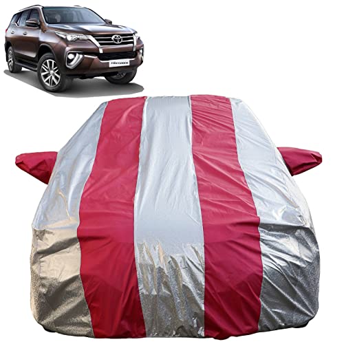 Image of Autofact Waterproof Car Body Cover Compatible with Toyota Fortuner New (2016 to 2022) with Mirror Pockets (Pink Stripes with Shinning Silver Fabric /Waterproof Cover)