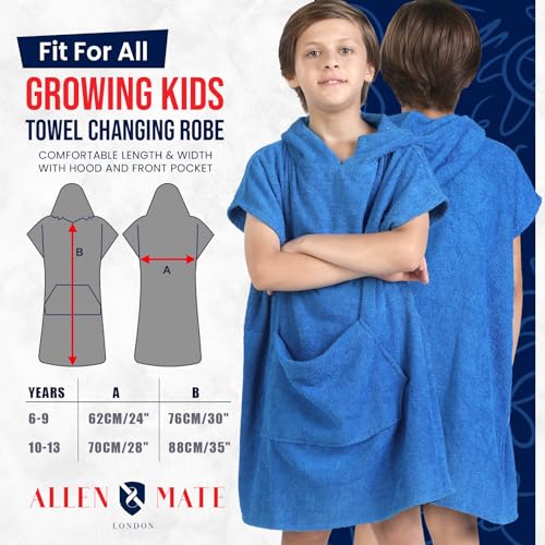 Image of ALLEN & MATE 100% Cotton Kids Hooded Surf Poncho Changing Robe, Quick Absorbent Wearable Swim Towel Boys & Girls, 6-13 Years