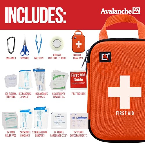 Image of Avalanche 53 Pieces First Aid Kit, Compact Emergency Supplies Kit for Home, School, Car, Travel, Sports or Camping in Hard Shell Foam Case, Portable Mini First Aid Kit, Orange