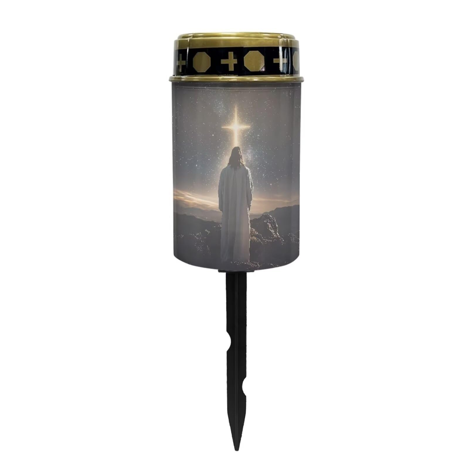 Poceacles Cross Outdoor Lights Solar Powered Flameless Candle Cemetery Votive Candles Waterproof Outdoor Memorial Candle Solar Stake Lights for Grave Cemetery, God Cross Galaxy Brown