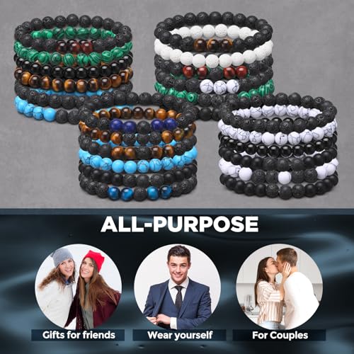 24 Pcs 8 mm Natural Stone Beads Bracelet Set Tiger Eye Men Stretch Lava Adjustable Onyx Matte Beads Essential Oil Diffuser Bracelet for Men Women Jewelry Gifts4