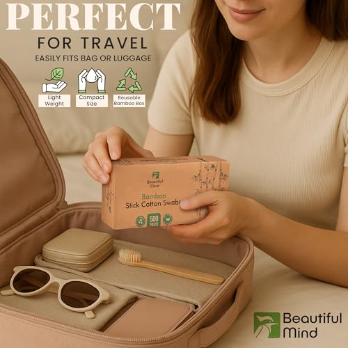 bamboo cotton swabs 500 pack - natural swabs for ears makeup amp cleaning - carbonized bamboo sticks with soft buds - travel size q gentle tips - precision ear cleaner swabs - drawer box