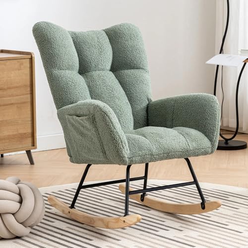 Image of ETCZOYE Nursery Rocking Chair Teddy Upholstered Glider Rocker with High Backrest Armchair Comfy Side Modern Rocking Accent Chairs for Living Room, Nursery, Office(Light Green