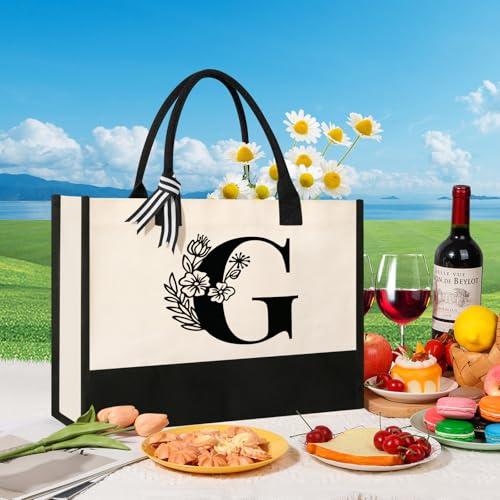 Image of Tecanne Personalized Initial Canvas Tote Bag, Suitable for Birthday, Wedding, Beach, Holiday, Gifts for Women, Mom, Teachers, Nurses, Best Friends, Bridesmaids (G)