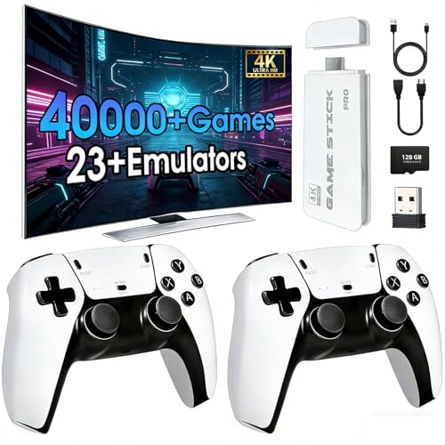 2026New Retro Game Console,40000+Games and 23 Emulators, with Dual 2.4G Wireless Controllers, Plug and Play 4K HD HDMI TV Game Stick White