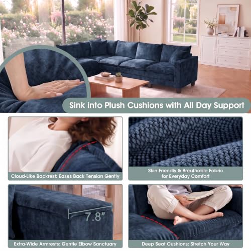 Image of 97 inch V Shaped Sectional Couch, Comfy Chenille Upholstered Modular Cloud Sofa, Convertible L Shaped Corner Couch with Storage Armrests & 2 Pillows, 5 Seat Sectional Couches for Living Room, Blue