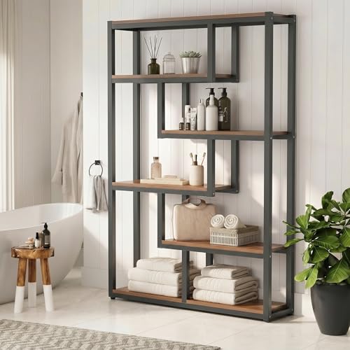 LITTLE TREE 69.29" Tall Bookshelf, 5-Tier Open Display Shelf with Metal Frame, Geometric Asymmetrical Etagere Bookcase,Modern Freestanding Storage Rack for Living Room, Home Office (Black & Brown) by LITTLE TREE - Image 2