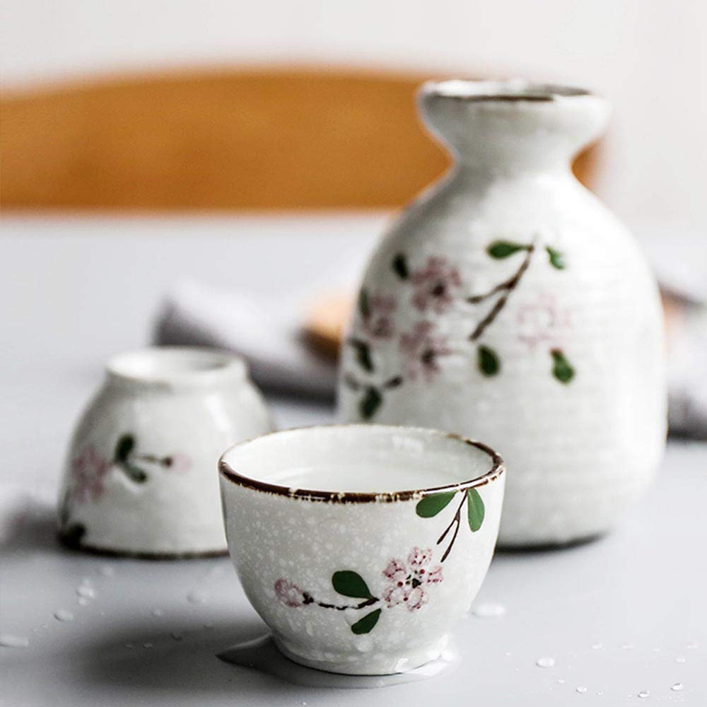Juego de Sake japonés de 3 Piezas, Juego de Tazas de Sake de Sakura Pintado a Mano, Esmalte de Copo de Nieve de cerámica, para frío/Calor/Shochu/té Familiares y