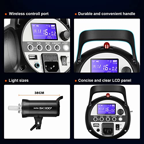 Godox 2X SK300II Studio Flash Strobe Kit:2.4G 600Ws Speedlite Flash Monolight with Bowens Mount for Studio Shooting,Location & Portrait Photography with Light Stand,Softbox,Barndoor and Umbrellas