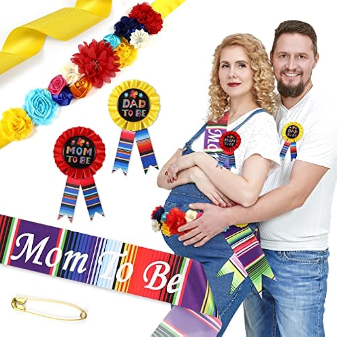 Jexine 4 Pcs Maternity Sash and Corsage Pin Set Mom to Be Sash Dad to Be Corsage for Pregnant Mommy Gift Baby Shower Party Decorations and Photography Keepsake
