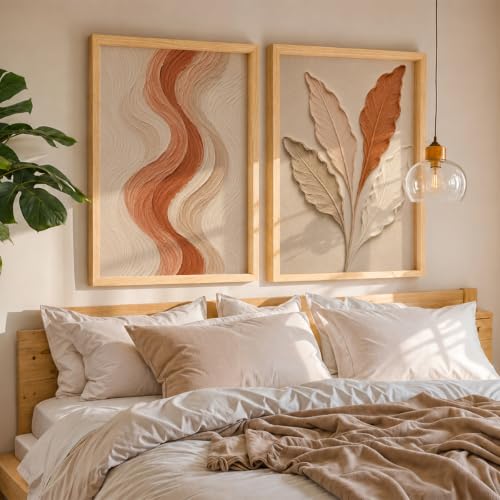 Image of NoWorries Textured Leaf Wall Painting Set of 2 with Frame | Terracotta Beige Abstract Line & Botanical Leaf Artwork, Modern Neutral Nature Wall Decor for Living Room, Bedroom, Office and Home Decoration (Art-2, 10x13inch)